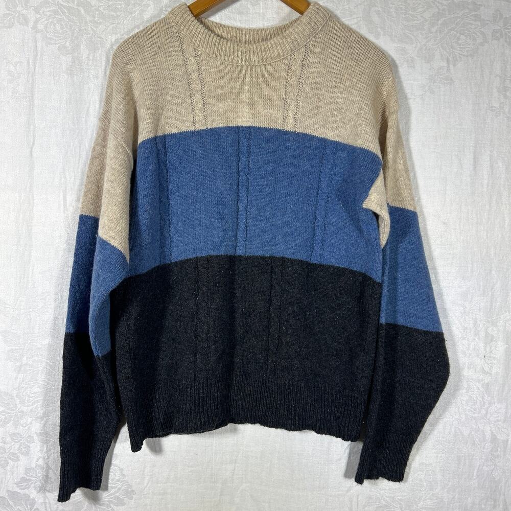 Vintage Sweater XL Tan Blue Navy Wool Blend Cable Knit Crew Neck USA Classics